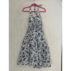 Madison Leigh Petite Floral Halter Dress White Black Cotton Ruched 4P 240123